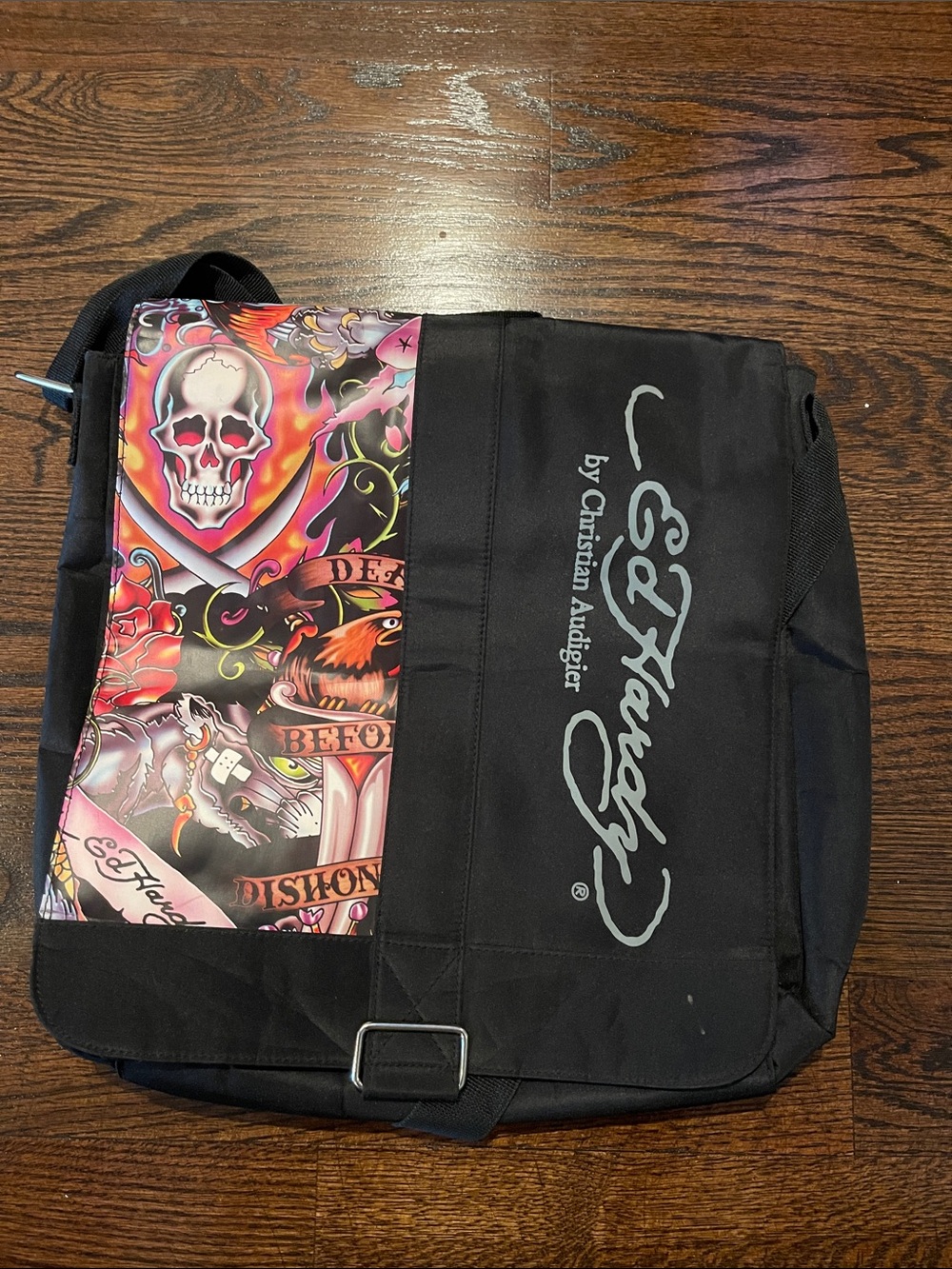 Christian Audigier Black Messenger Bag with Colorful Tattoo Graphic! Used Once!
